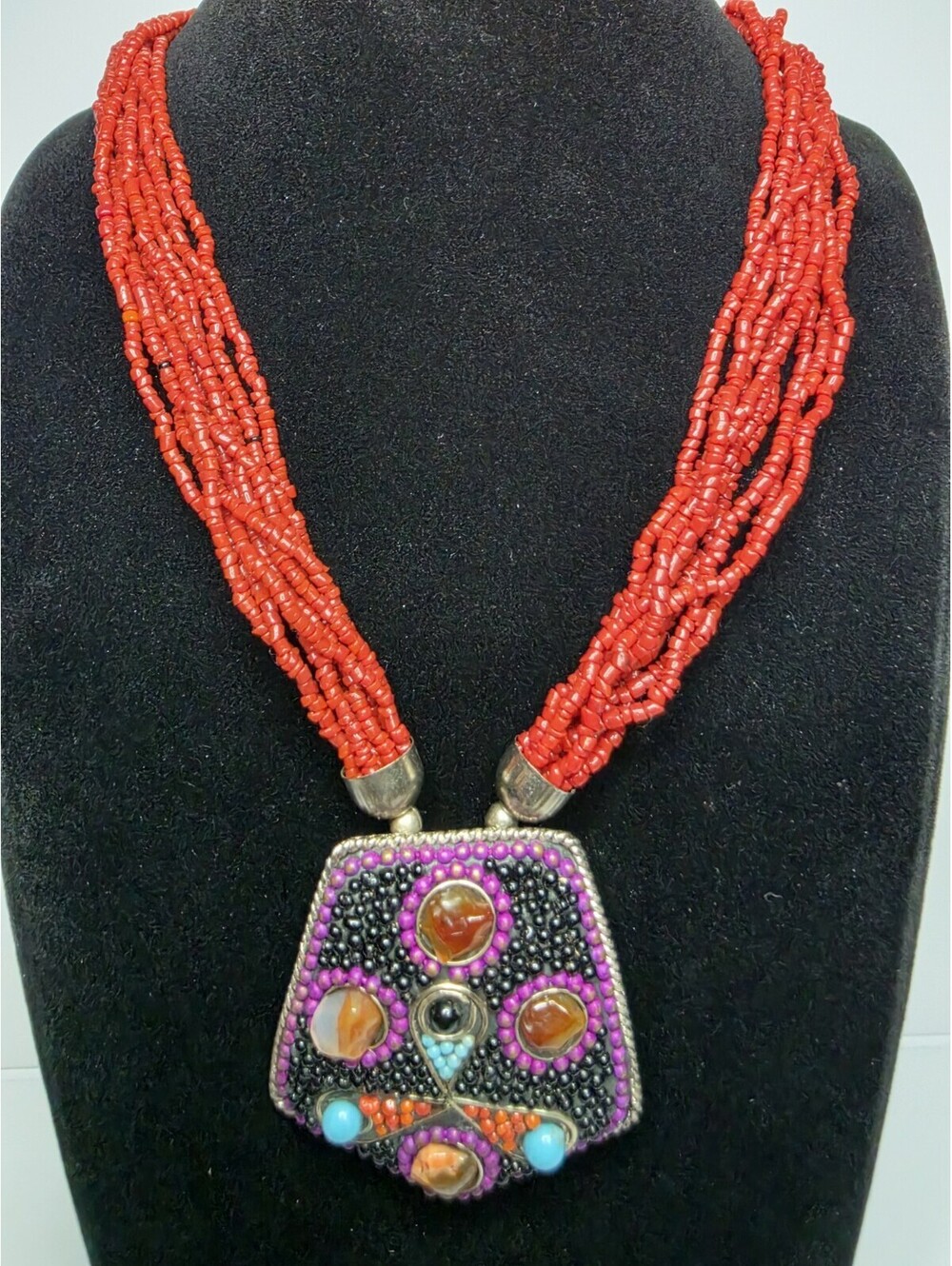 VTG Tibetan Nepalese Multi Strand Red Coral Glass Bead Statement Pendant Necklac